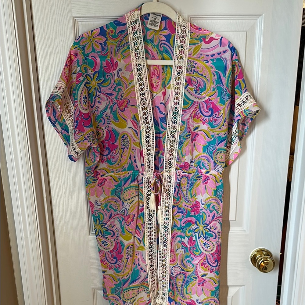 Colorful Floral Kimono with Lace Trim